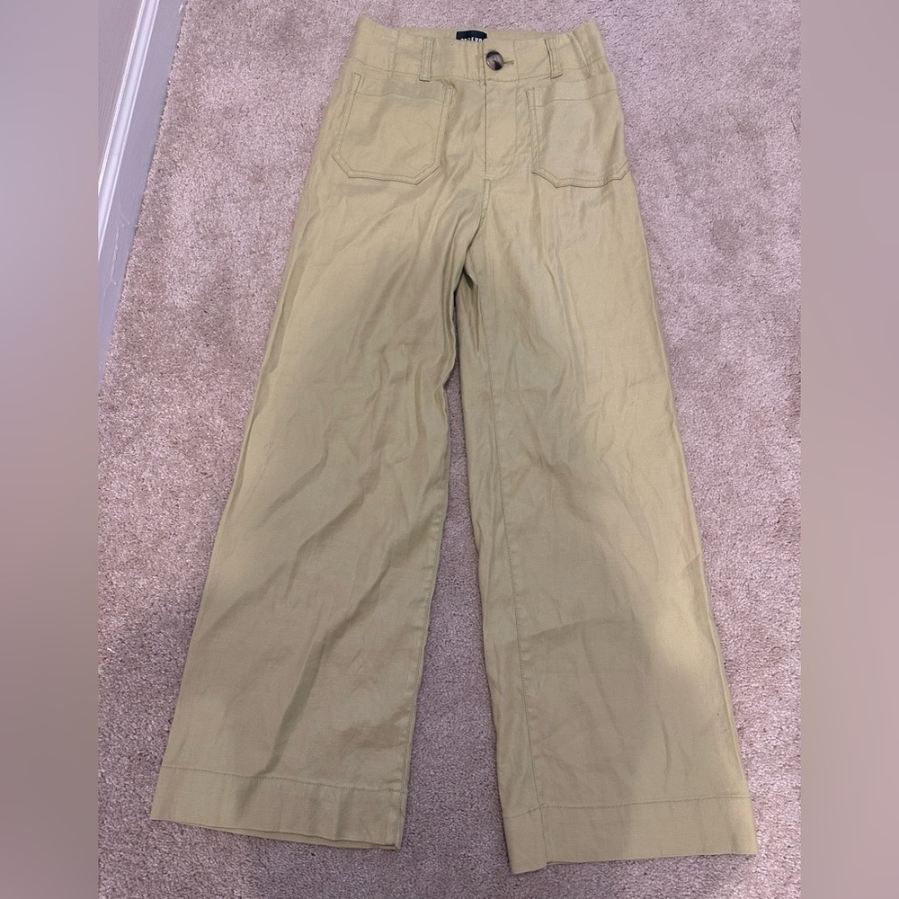 Maeve Anthropologie Light Lime Green Linen blend Colette Crop wide leg pants 23